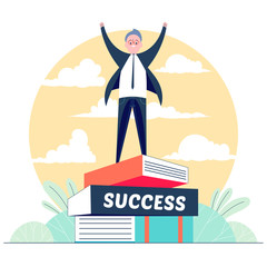 Happy man successfully stand on books vector illustration