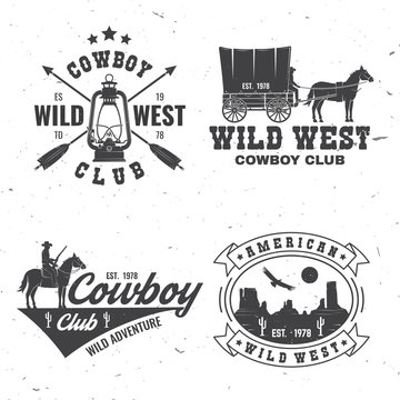 Cowboy club badge. Wild west. Vector. Concept for shirt, logo, print, stamp, tee with cowboy and covered wagon. Vintage typography design with western wagon silhouette.