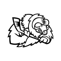 Musk Ox Ice Hockey Player Mascot Black and White