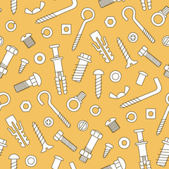 Fototapeta na wymiar Seamless pattern of fasteners. Bolts, screws, nuts, dowels and rivets in doodle style. Hand drawn building material. Vector illustration on orange background