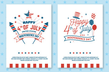 Set of Vintage 4th of july poster, flyer, template, card, fourth of July felicitation classic postcard. Independence day greeting card. Patriotic banner for website template. Vector illustration. - obrazy, fototapety, plakaty