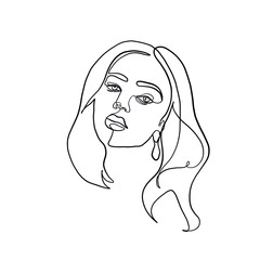 One line girl or woman portrait. Minimalist simple icon of female silhouette of face. Abstract linear icon. Hand drawn vector illustration. Design logo for beauty salon, tattoos, decorations.