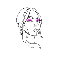 Portrait model girl with pink eyeshadows. Beautiful linear woman with make up and earring jewelry. One continuous line. Minimal female face silhouette. Logo makeup artist, beauty salon. 