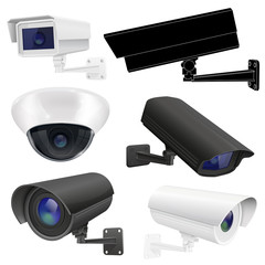 CCTV security camera set. Surveillance devices. 3d and outline drawings