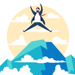 Fototapeta premium Happy man successfully jumping on a top mountain vector illustration