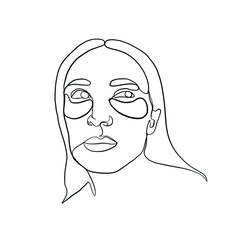 Skin care. Woman with beauty face. Healthy facial skin. Beautiful girl model with patches under eyes. Cosmetic mask. One line continuous drawing. Logo beauty salon, cosmetic product minimal design. 