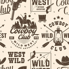Obraz premium Cowboy club seamless pattern, background. Vector. Seamless pattern design with wild west cowboy, canyon and western rifle silhouette. Cowboy club texture