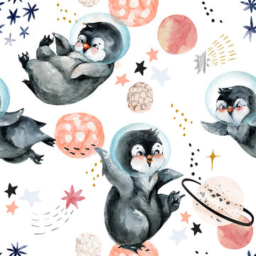 Cute little penguins astronaut floating in space