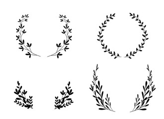 Flowers branches and leaves wreath. Hand drawn vector. Botanical sketch collection. Decorative elements for design. Ink, vintage.