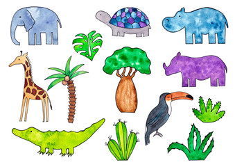 Set of African plants and animals, hand drawn watercolor illustration