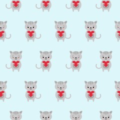 Obraz premium Seamless pattern with cute funny kawaii cartoon gray cats characters with hearts. Vector seamless texture for wallpapers, pattern fills, web page backgrounds