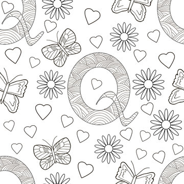 Letter Q with flowers, leaves and butterflies. Seamless pattern. Coloring page.