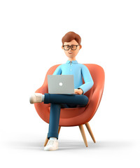 3D illustration of smiling happy man with laptop sitting in armchair. Cartoon businessman working in office and using social networks, isolated on white background.