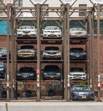 New York, USA - May 11, 2018: Vertical car park in Manhattan New York. It is designed to minimize the area quired for parking cars.