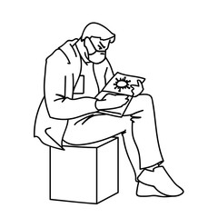 Adult man in medical mask is sitting with textbooks, looking for information about viruses. Vector illustration of a doctor in linear style isolated on white background. Pandemic, epidemic concept.