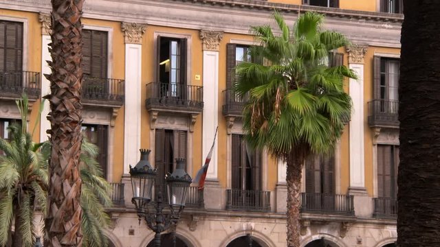 Lockdown shot of palm trees growing against building - Barcelona, Spain