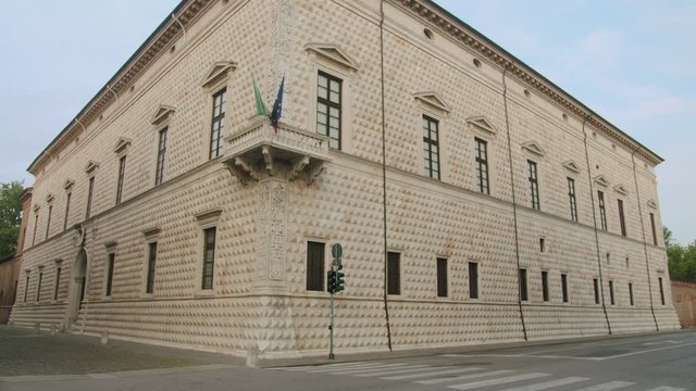 Tilt up on historic Palazzo dei Diamanti in Ferrara, Italy