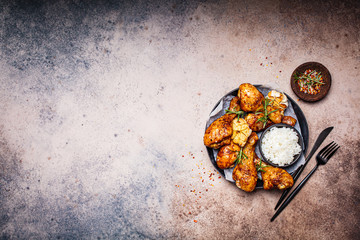Baked spicy chicken legs with rice, garlic and herbs in black plate, dark background, top view. spicy chicken legs with rice, garlic and herbs in black plate, dark background, top view.