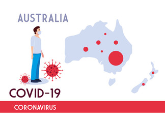 Man with mask and australia map with covid 19 virus vector design