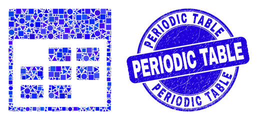 Obraz premium Geometric calendar week items mosaic pictogram and Periodic Table stamp. Blue vector rounded scratched stamp with Periodic Table caption. Abstract mosaic of calendar week items done of spheric,