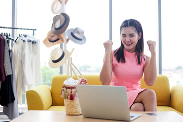 Asian woman beauty blogger or vlogger review ,designer shopping online with hand holding credit card show,Concept Promotion and Sale.