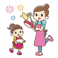 料理をする親子（母と娘）