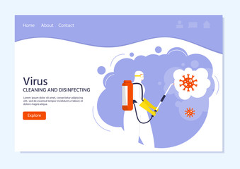 Disinfecting virus, prevention concept, people in protective suit and mask sprays and disinfects. Global epidemic or pandemic. Covid-19, landing page. Vector