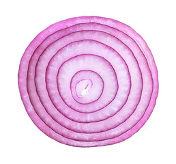 Violet onion slice on a white background, top view. Sliced red onion rings.
