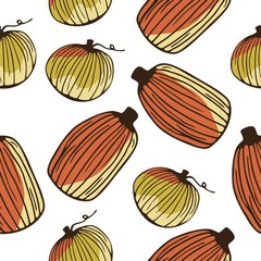 Seamless pattern with hand drawn pumpkins on a white background. Doodle, simple outline illustration. It can be used for decoration of textile, paper and other surfaces.