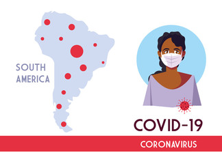 Woman with mask and south america map with covid 19 virus vector design