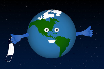 Planet Earth take off medical mask. Pandemic ending. Vector illustration.