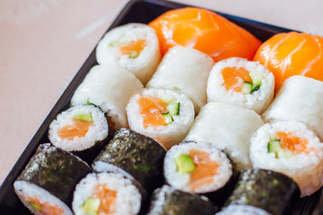 Sushi maki and nigiri on the plate