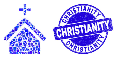 Geometric church people mosaic pictogram and Christianity seal stamp. Blue vector round distress seal with Christianity text. Abstract mosaic of church people done of spheric, tringle,
