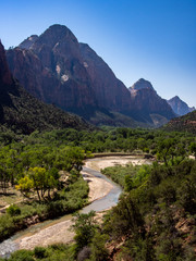 Fototapeta na wymiar Southwest usa Zion National Park The main part of the park is Zion Canyon surrounded by the walls of the Deertrap, Cathedral and Majestic Mountain mountains. The Virgin River flows through the canyon.