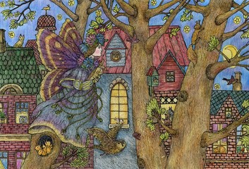 Fairy is flying around the city. Bright illustration in ink and colored pencils. Cute illustration for the decor and design of posters, postcards, prints, stickers, invitations, textiles.