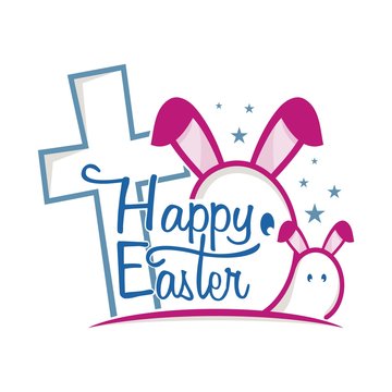 Greeting Happy easter with cross and rabbit symbol