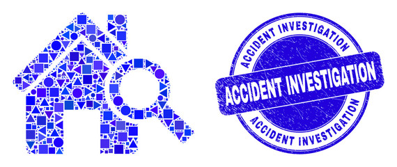 Geometric explore realty mosaic icon and Accident Investigation seal stamp. Blue vector round grunge stamp with Accident Investigation message. Abstract mosaic of explore realty organized of round,