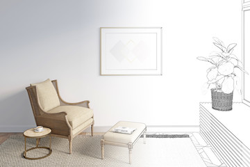 The sketch becomes a real bright room with a horizontal poster on the wall above the rattan chair with a footrest next to a coffee table with a cup. Front view. 3d render