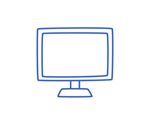 Desktop computer, contour vector sign, Doodle style isolated on white background. Vector hand-drawn illustration.