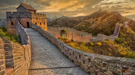 Stickers pour porte Mur chinois Magnifique coucher de soleil sur la Grande Muraille de Chine