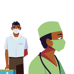 Men doctors with uniforms mask and kit vector design