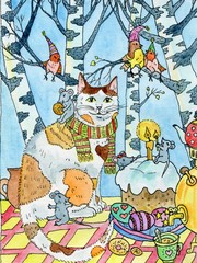 Easter. Cat, mice and birds. Watercolor and ink painting. Cute illustration for the decor and design of posters, postcards, prints, stickers, invitations, textiles and stationery.