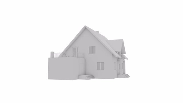 3D white residential house endless rotation. 3d drawing at  suburban home. Architectural theme.