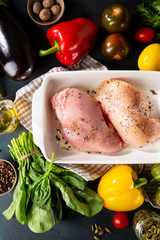 Fresh meat and produce top view, cooking concept