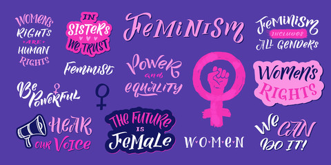 Feminism vector quote and icon set. Hand lettering quotes. Feminist pink elements on violet background. Woman textile t-shirt design. Female hand drawn brush graphic vector illustration
