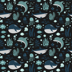 cute animals of the ocean, marine mammals, dolphin and whale, seamless pattern, cartoon vector illustration - 352444472