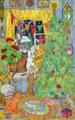 Cats in the house. Christmas night. Bright illustration in ink and colored pencils. Cute illustration for the decor and design of posters, postcards, prints, stickers, invitations, textiles.