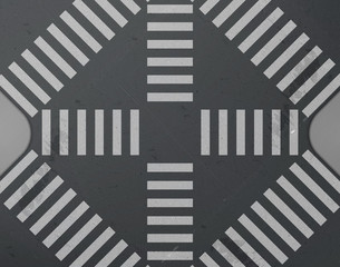 Road intersection with crosswalk top view. Vector realistic background with white zebra lines road marking on black asphalt and tiled sidewalk. City street crossing with pedestrian junction