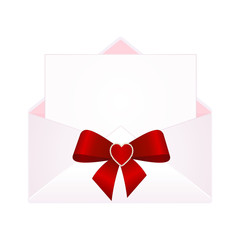 Letter in an envelope decorated with Shiny Satin Red Gift Bow. Envelope with Clean Card.