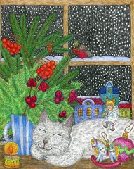 Christmas night. White cat and an angel by the window. Bright illustration in ink and colored pencils. Cute illustration for the decor and design of posters, postcards, prints, stickers, invitations.